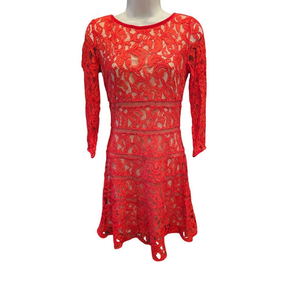 NWT ERIN Fetherston Lace 3/4 Sleeve Dress, Ruby Red Ling lace flirty valentine 0